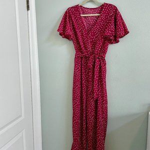 Red & White Polka Dot Jumpsuit with Waist Tie